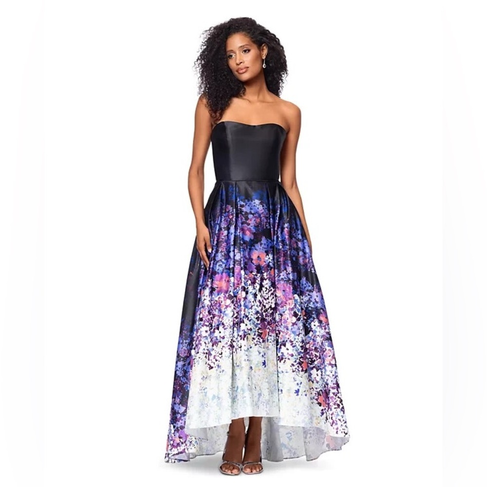 Betsy & Adam Strapless Floral Ombre Maxi Dress in Black, Purple, Pink, White